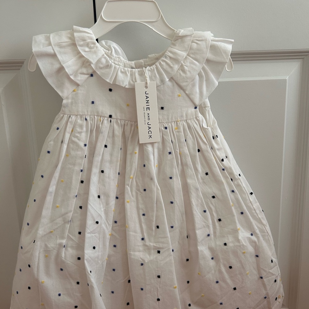 Janie and Jack White Dress with Navy and Yellow Dots